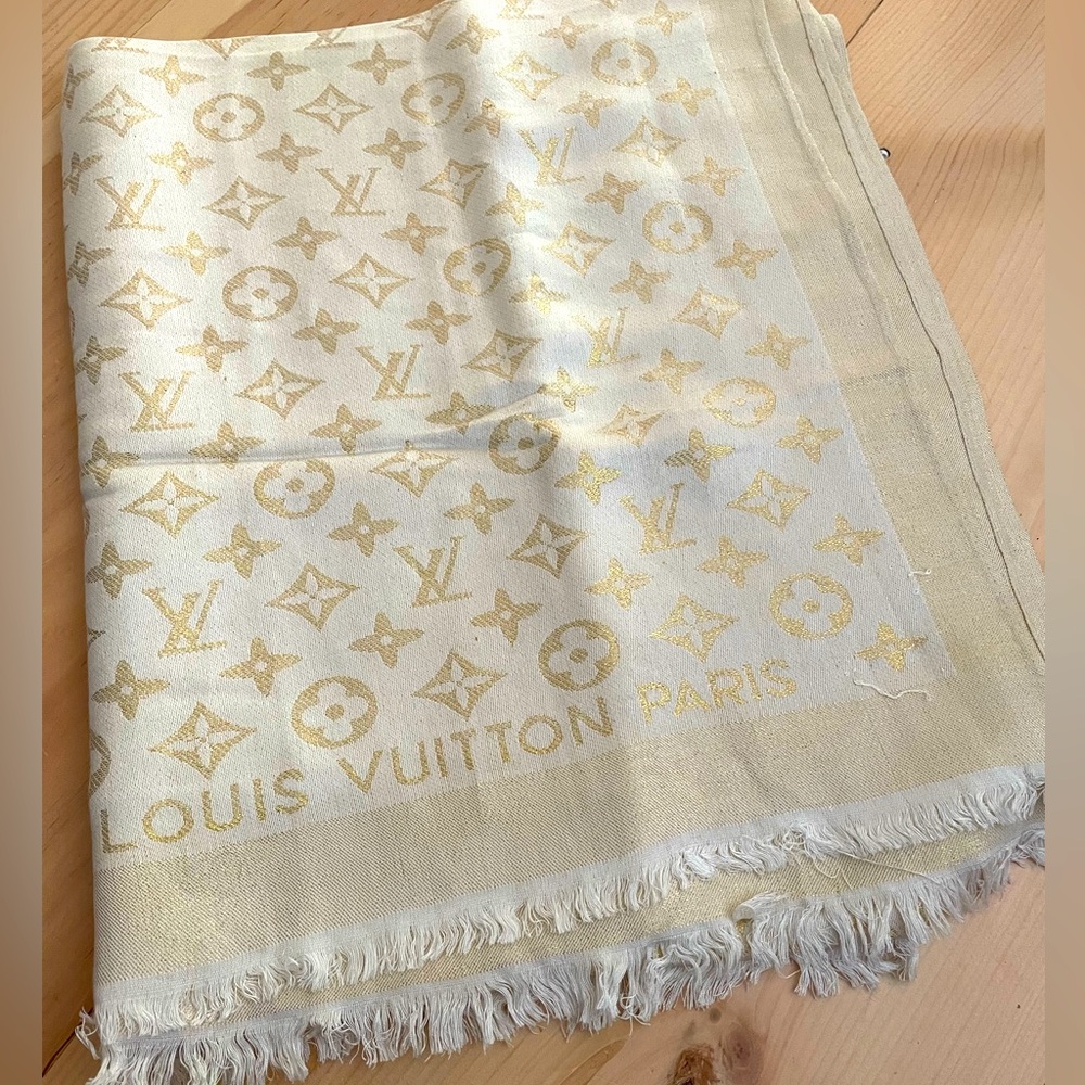 Authentic Louis Vuitton Monogram scarf or wrap with gold embroidery